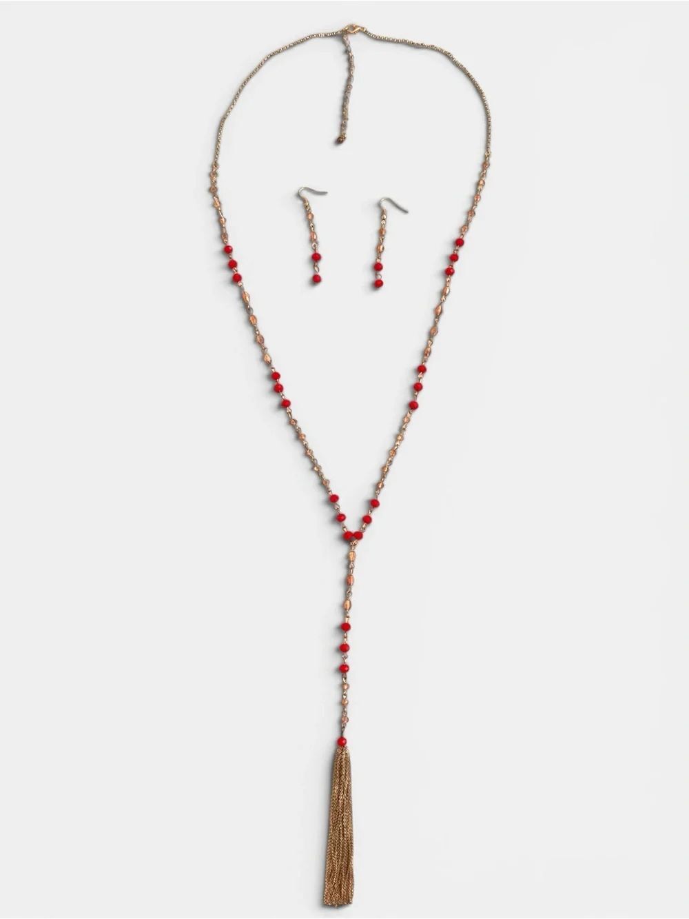 Gold Tone Red Beaded Tassel Necklace & Earrings Set